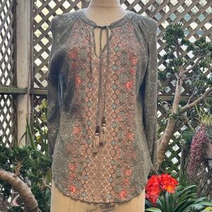 Mason & Belle Boho Floral Tassel Tie-Neck Long-Sleeve Top - Olive/Aqua. MED-Lg.